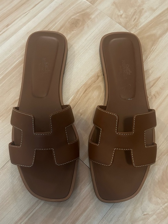Hermes Shoes - Hermes Brown Oran H-strap Leather Slide Sandals